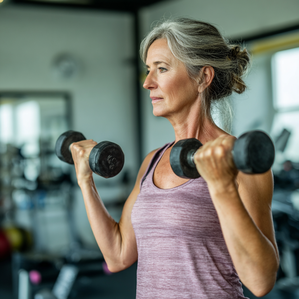 Активна жінка 55 років виконує силові вправи з гантелями у світлому фітнес-залі farselvint