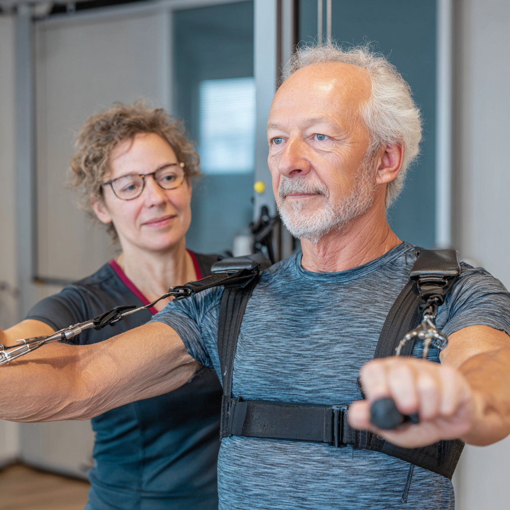 Енергійний чоловік 60 років демонструє вправу з еспандером у farselvint під наглядом професійного тренера