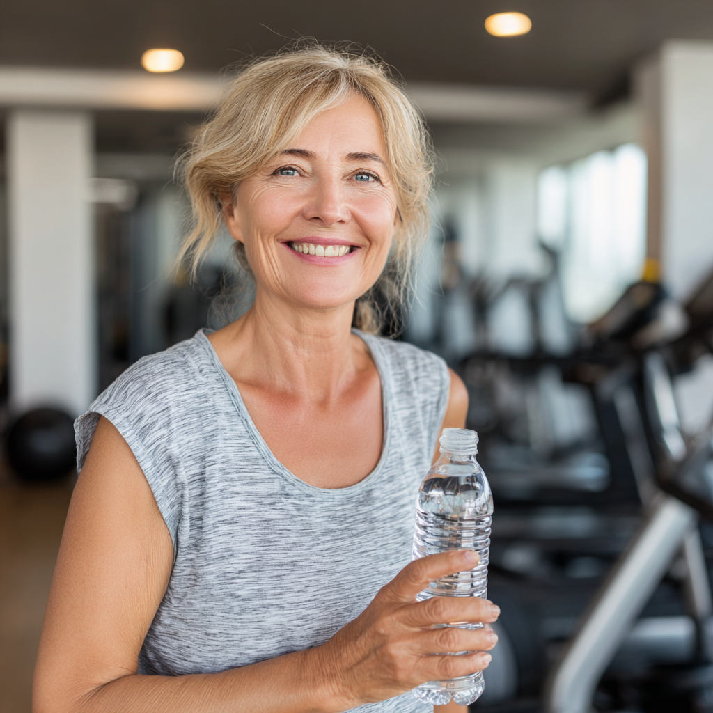 Радісна жінка 52 років після першого тренування у farselvint, тримає пляшку води та усміхається в сучасному фітнес-залі